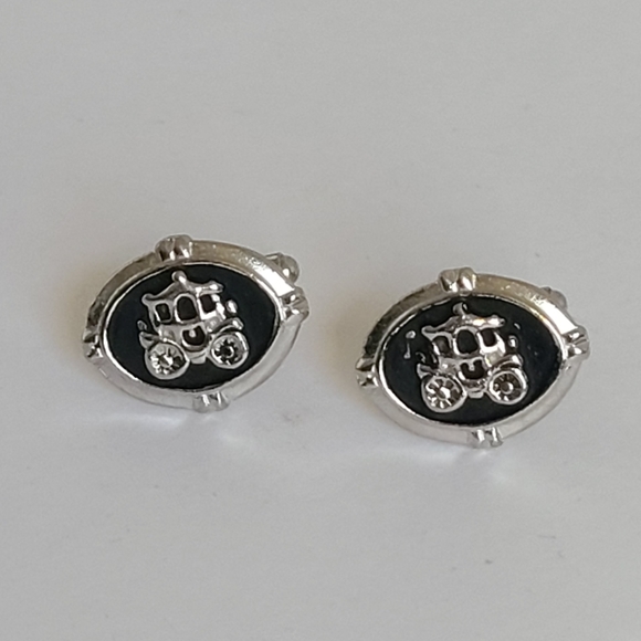 Vintage Men's Silver Tone Black Enamel Horse Carriage Royalty Luxury Cufflinks - Picture 3 of 8